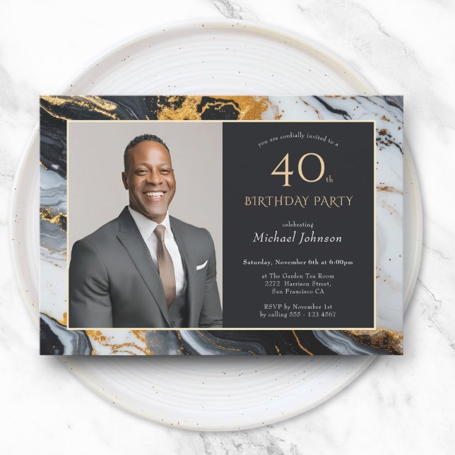 Elegant Black Gold Agate Photo 40th Birthday Invitation (Elegant Black Gold Agate Photo 40th Birthday Invitation)