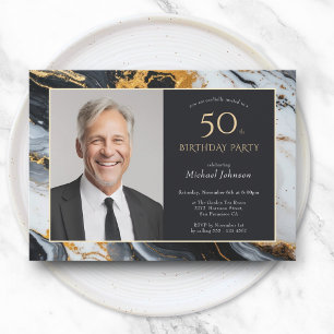 Elegant Black Gold Agate Photo 50th Birthday Invitation