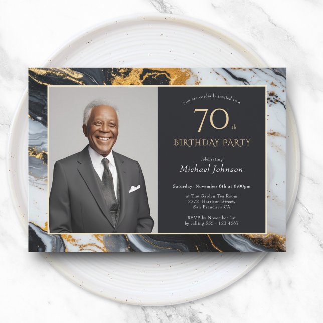 Elegant Black Gold Agate Photo 70th Birthday Invitation (Elegant Black Gold Agate Photo 70th Birthday Invitation)