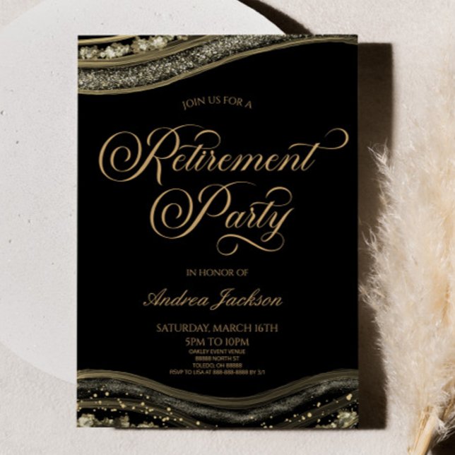 Elegant Black Gold Agate Retirement Party Invitation (Creator Uploaded)