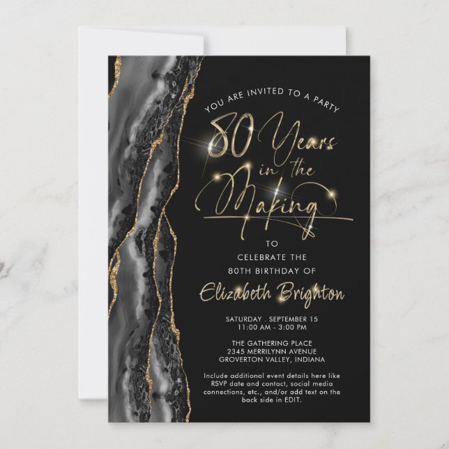 Elegant Black Gold Agate Script 80th Birthday Invitation (Front)