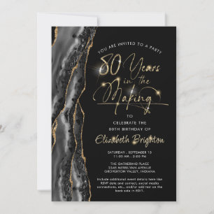 Elegant Black Gold Agate Script 80th Birthday Invitation