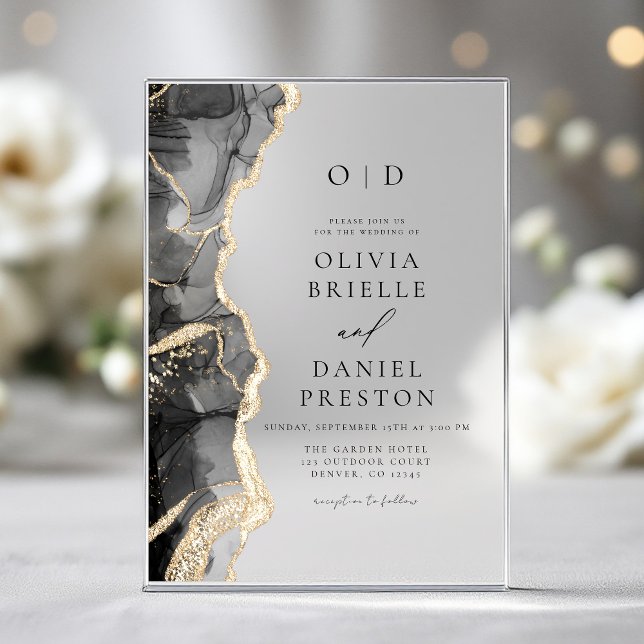 Elegant Black Gold Agate Wedding Monogram Acrylic Invitations (Creator Uploaded)