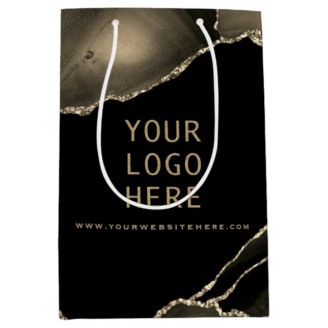Elegant Black Gold Agate Your Logo Here Medium Gif Gift Bag (Front)