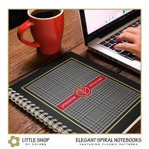 Elegant Black Gold and Red Plaid Monogrammed Notebook