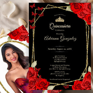 Elegant Black Gold and Red Roses Quinceanera  Invitation