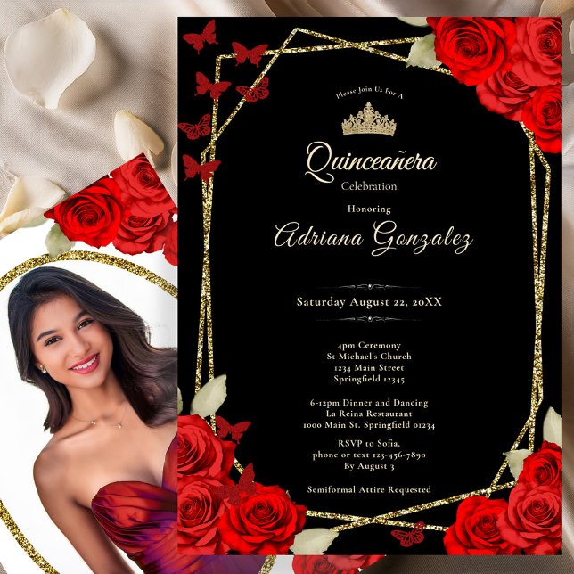 Elegant Black Gold and Red Roses Quinceanera  Invitation (Creator Uploaded)