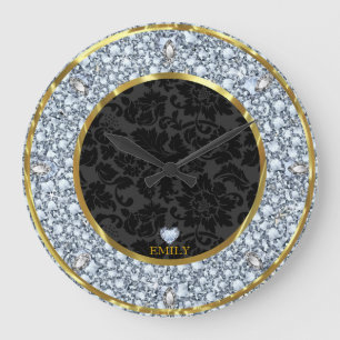 Elegant Black Gold And Sparkling Diamonds Pattern Large Clock