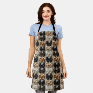 Elegant Black Gold and White Satin Bow Pattern Apron