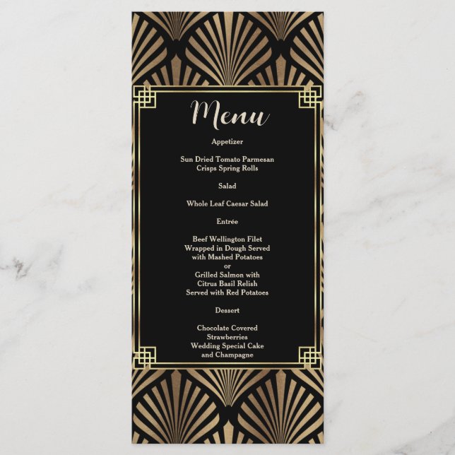 Elegant Black Gold Art Deco 1920s Wedding  Menu (Front)