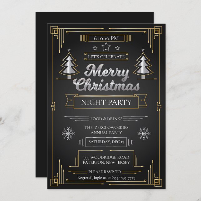 Elegant Black & Gold Art Deco Christmas Party Invitation (Front/Back)