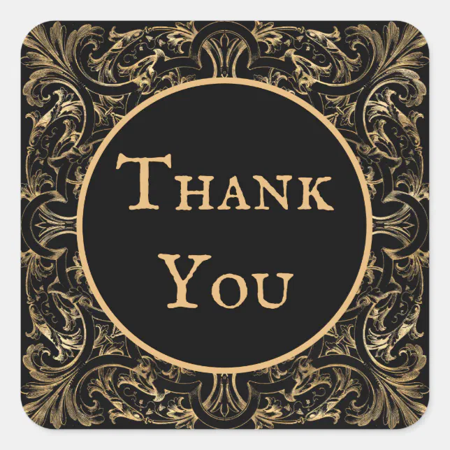 Elegant Black Gold Art Deco Design Thank You Square Sticker | Zazzle