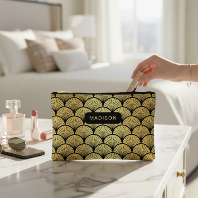 Elegant Black Gold Art Deco Pattern Personalised Accessory Pouch (Creator Uploaded)