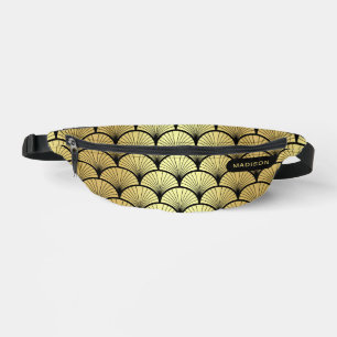 Elegant Black Gold Art Deco Pattern Personalised Bum Bags
