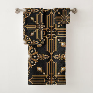 Elegant black gold Art Deco pearls Bath Towel Set