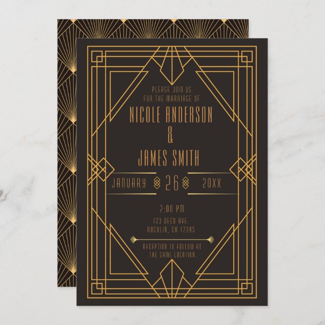 Elegant Black Gold Art Deco Wedding Marriage Invitation (Front/Back)