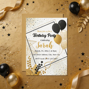 elegant black gold balloon Any Age birthday  Invitation