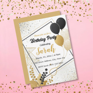 elegant black gold balloon Any Age birthday  Invitation