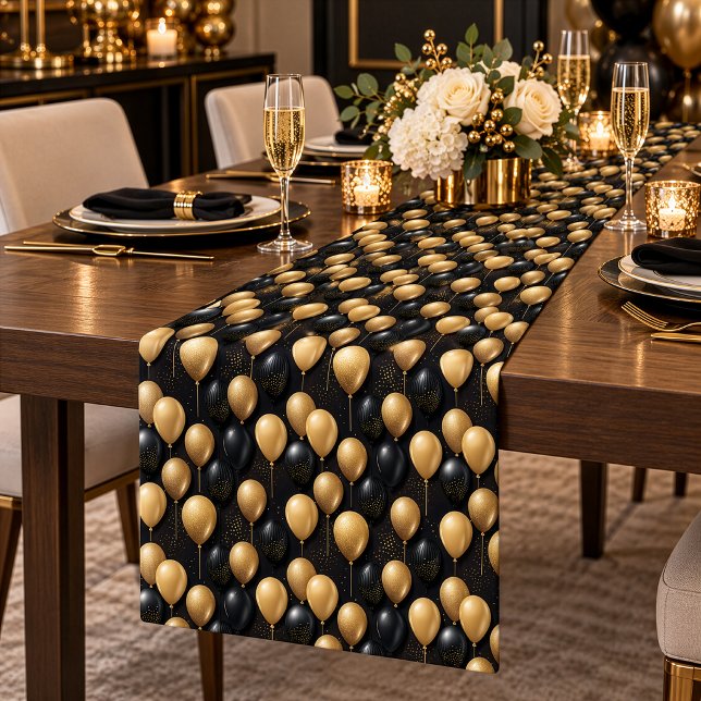 Elegant Black Gold Balloon Celebration Pattern Short Table Runner (Elegant black and gold balloon table runner for glamorous milestone celebrations.)