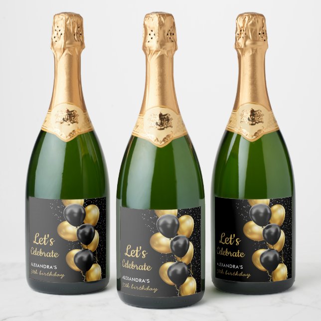 Elegant Black Gold Balloon Chic  Birthday Sparkling Wine Label (Bottles)