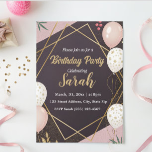 elegant black gold balloon pink birthday  invitation
