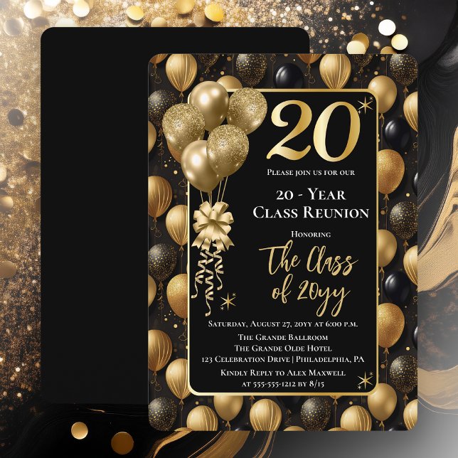 Elegant Black Gold Balloons 20 Year Class Reunion Invitation (Elegant 20 Year Black and Gold Tone Faux Glitter Balloons Class Reunion Invitations)