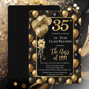 Elegant Black Gold Balloons 35 Year Class Reunion Invitation