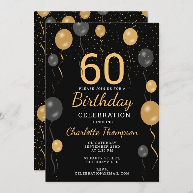Elegant Black & Gold Balloons 60th Birthday Party Invitation (Front/Back)