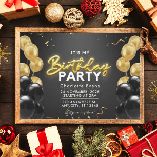 Elegant Black Gold Balloons Birthday Invitation
