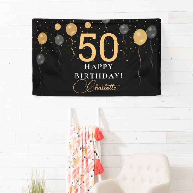 Elegant Black & Gold Balloons Birthday Party Age Banner (Insitu)