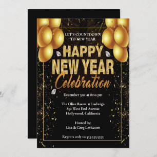 Elegant Black & Gold Balloons New Years Eve Party Invitation