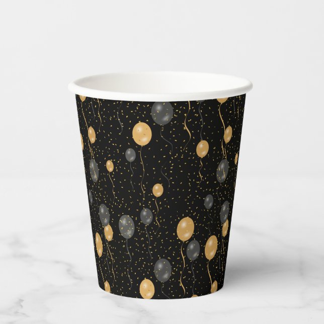 Elegant Black & Gold Balloons  Paper Cups (Front)