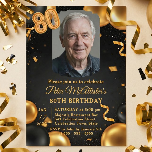 Elegant Black & Gold Balloons Photo 80th Birthday Invitation (Creator Uploaded)