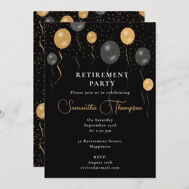 Elegant Black & Gold Balloons Retirement Party Invitation (Front/Back)
