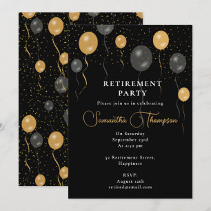 Elegant Black & Gold Balloons Retirement Party Invitation