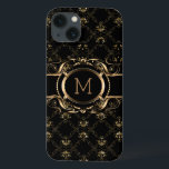 Elegant Black & Gold Baroque Floral Frame iPhone 13 Case<br><div class="desc">Elegant black and gold floral frame baroque style with customisable monogram.</div>