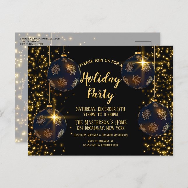 Elegant Black Gold Baubles Christmas Invitation Postcard (Front/Back)