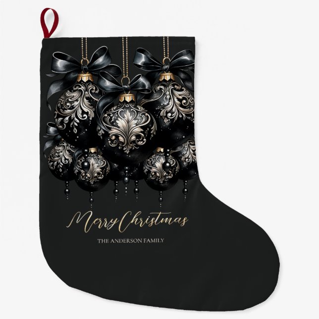 Elegant black gold baubles luxury Christmas Large Christmas Stocking (Front)