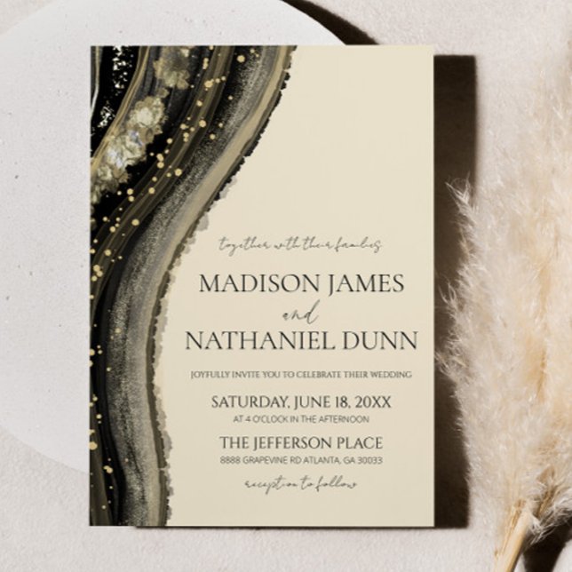 Elegant Black Gold Beige Agate Wedding Invitation (Creator Uploaded)