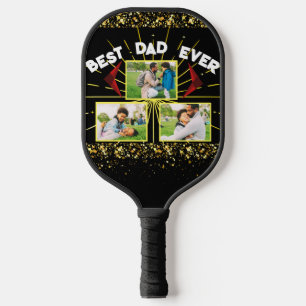 Elegant Black & Gold Best Dad Ever Family Photo Pickleball Paddle