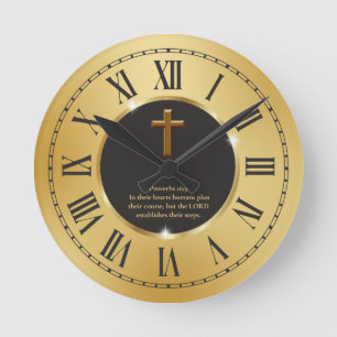 Elegant Black Gold Bible Verse Church  Round Clock