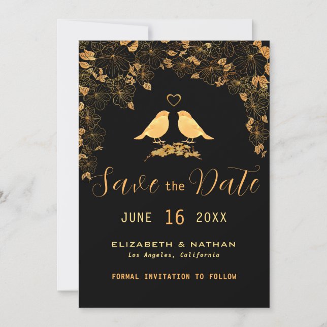 Elegant Black & Gold Birds Floral Pattern Save The Date (Front)