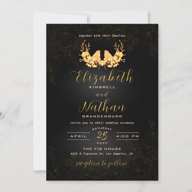 Elegant Black & Gold Birds Floral Wedding   Invitation (Front)