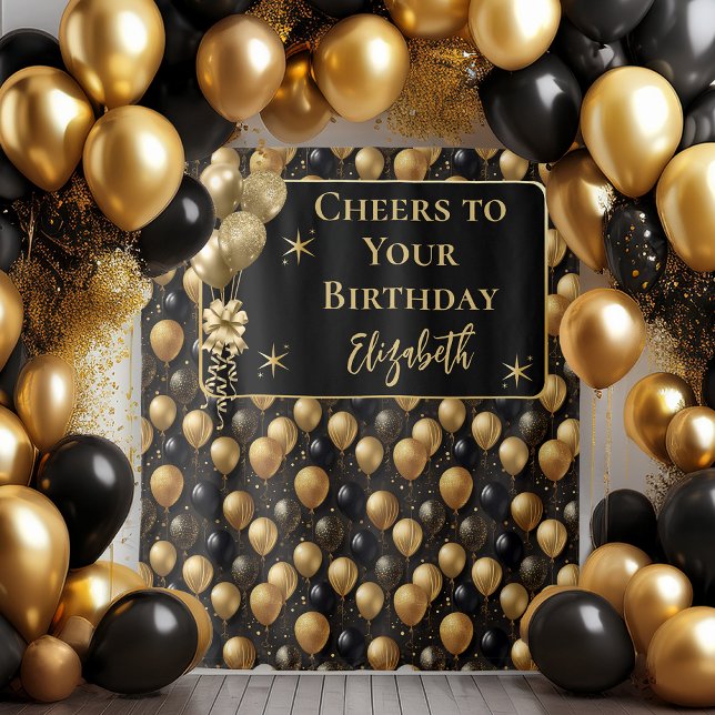  Elegant Black Gold Birthday Balloons Backdrop Tapestry (Elegant Black and Gold Faux Glitter Balloons Pattern A021 "Cheers to Your Birthday" [Name] Backdrop)