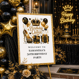 Elegant Black Gold Birthday Queen Sparkle Welcome Poster