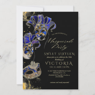 Elegant Black Gold Blue Masquerade 16th Birthday  Invitation