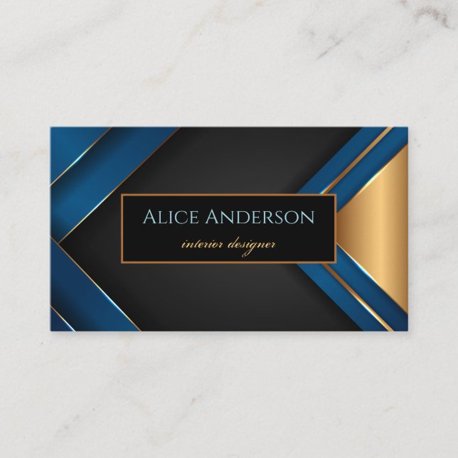 Elegant black gold blue stripes geometry designer business card (Front)