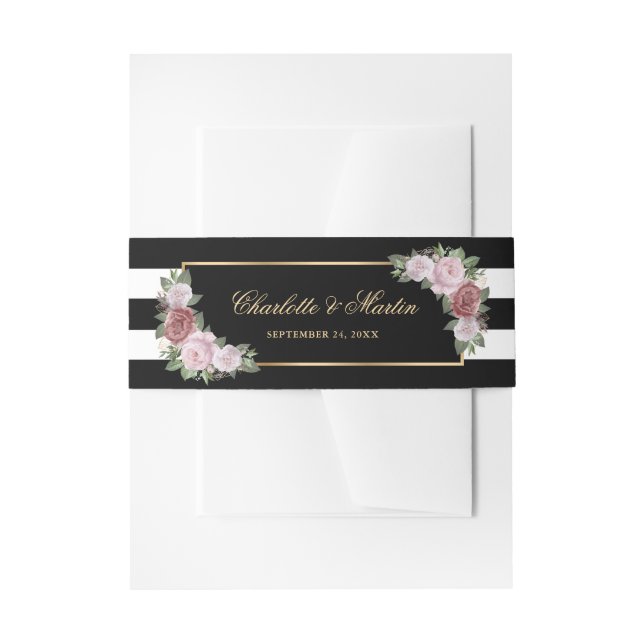 Elegant Black Gold Blush Pink Floral Wedding Invitation Belly Band (Front Example)