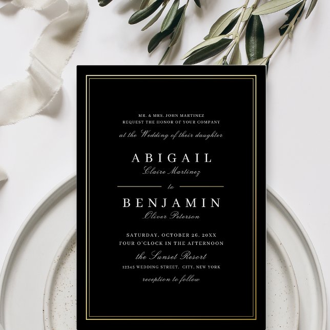 Elegant black gold borders minimalist wedding (Elegant black gold borders minimalist wedding foil invitation)