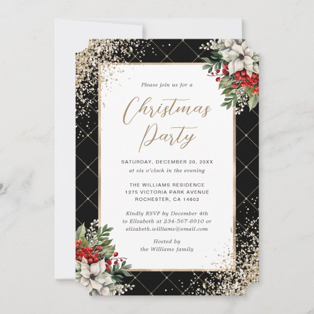 Elegant Black Gold Botanical Christmas Party Invitation (Front)